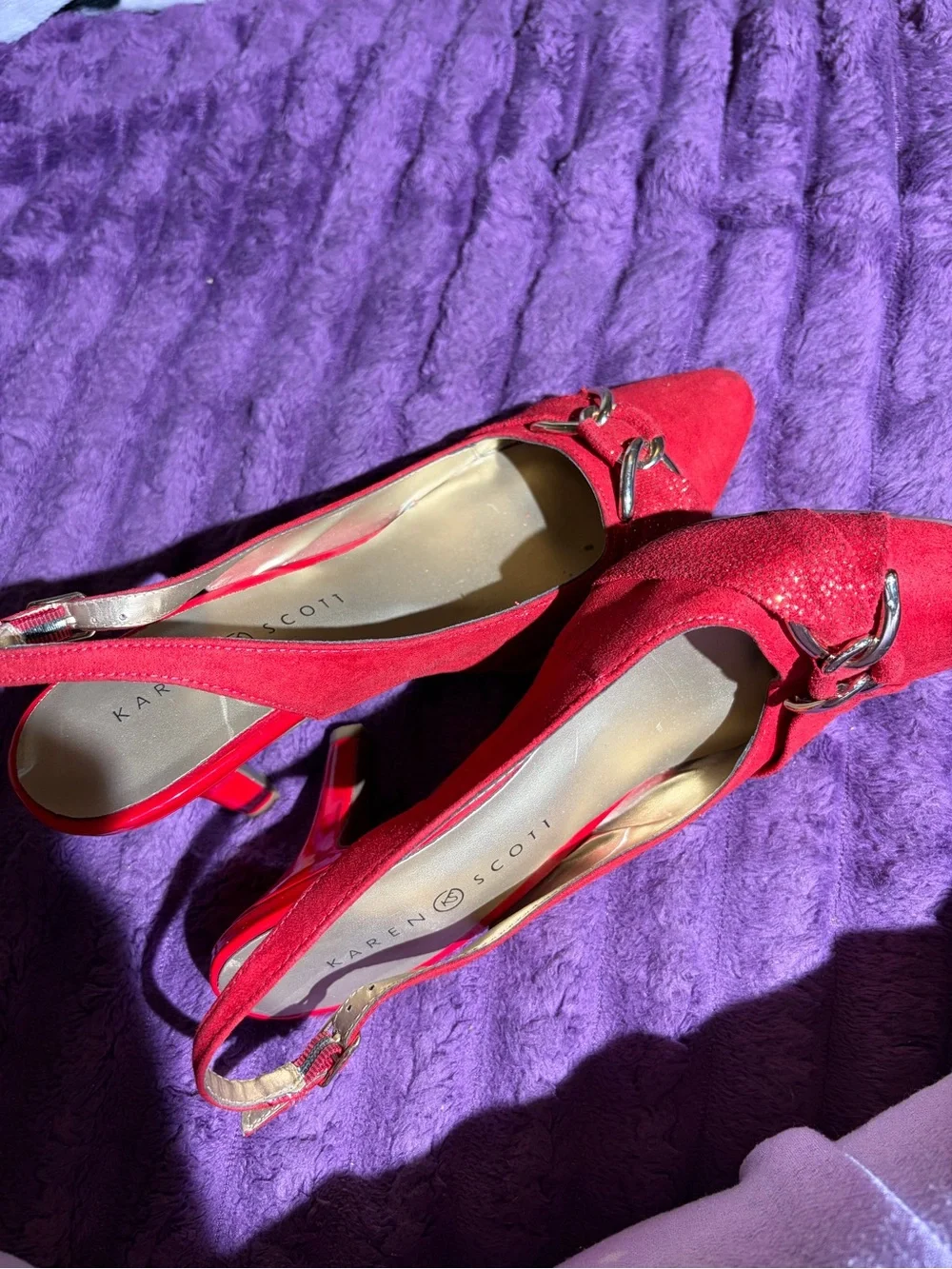 Scott Red Suede Pointed Toe Slingback Heels with Silver Buckle